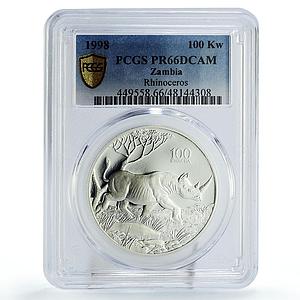 Zambia 100 kwacha Conservation Wildlife Rhino Fauna PR66 PCGS silver coin 1998