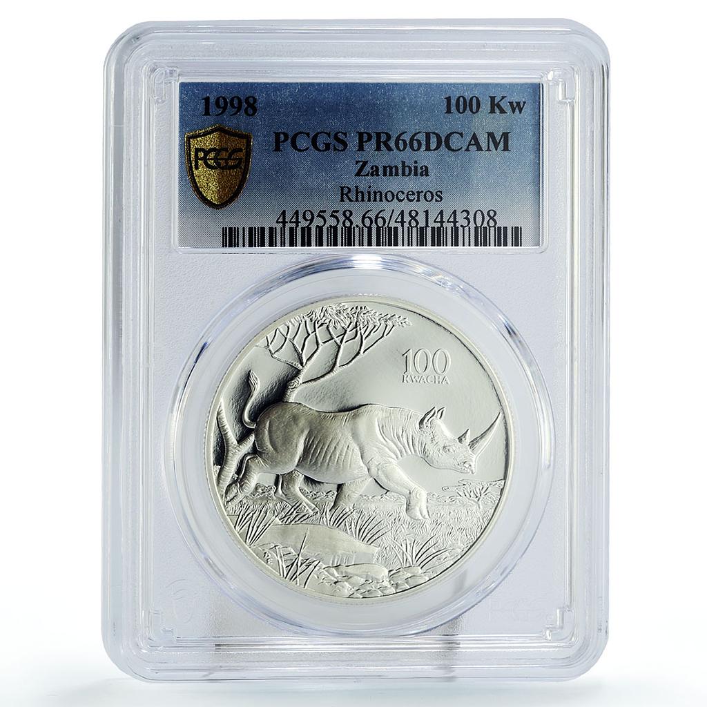 Zambia 100 kwacha Conservation Wildlife Rhino Fauna PR66 PCGS silver coin 1998