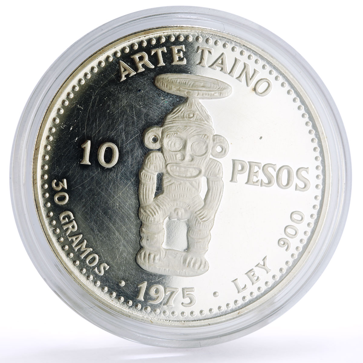 Dominican Rep. 10 pesos Pueblo Viejo Mine Arte Taino Art proof silver coin 1975