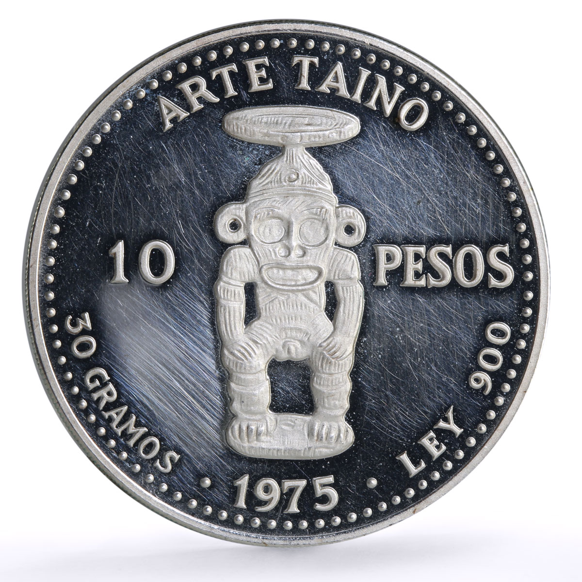 Dominican Rep. 10 pesos Pueblo Viejo Mine Arte Taino Art proof silver coin 1975