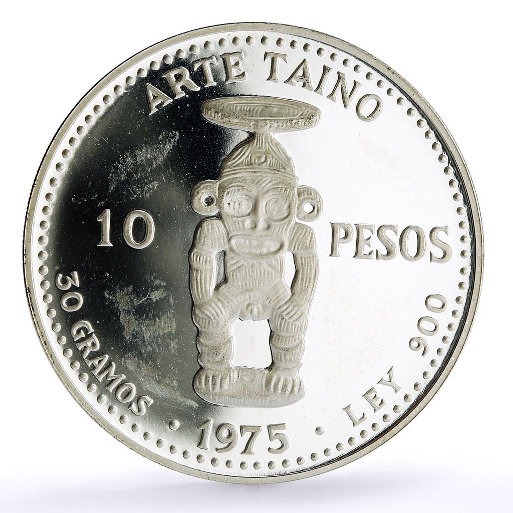 Dominican Rep. 10 pesos Pueblo Viejo Mine Arte Taino Art proof silver coin 1975