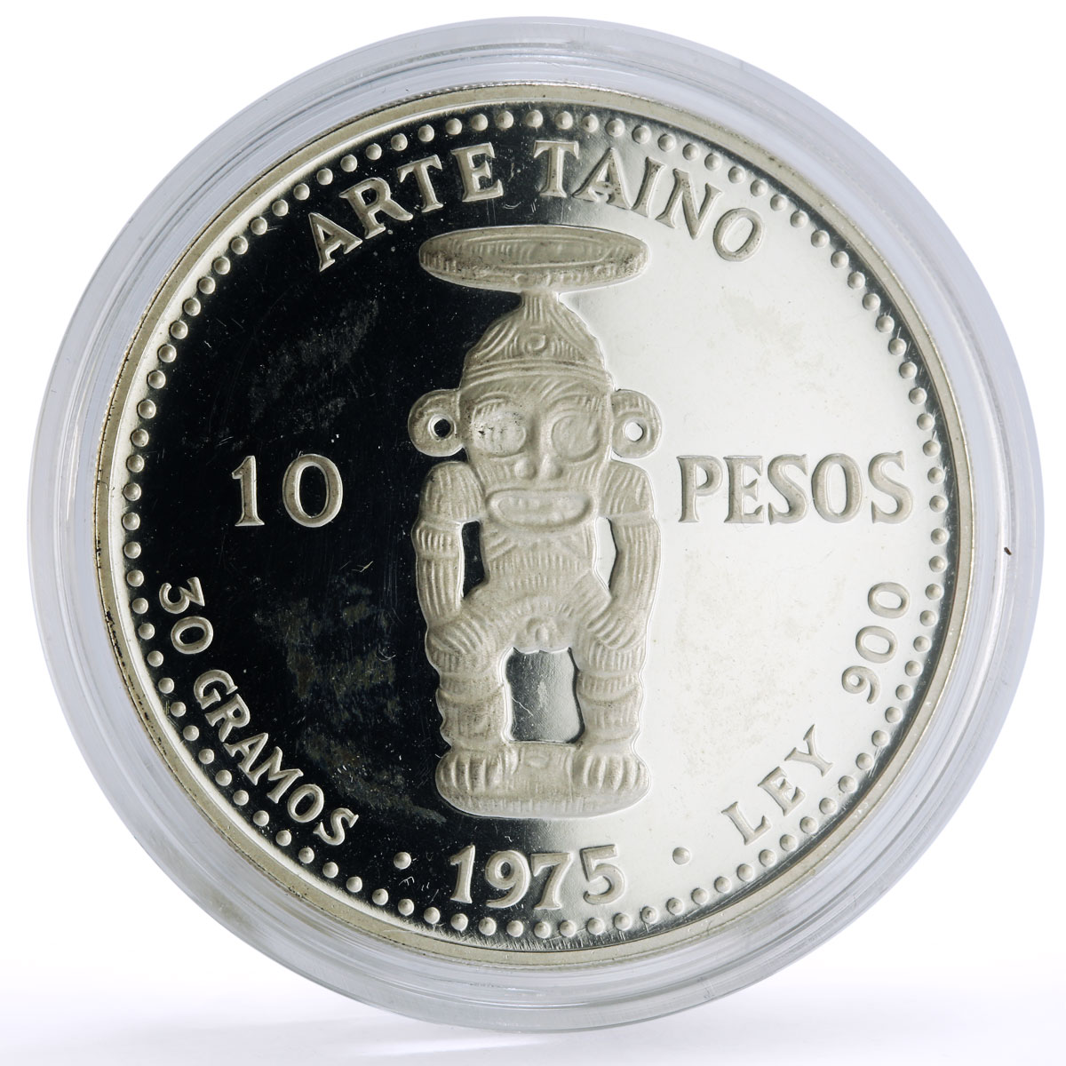 Dominican Rep. 10 pesos Pueblo Viejo Mine Arte Taino Art proof silver coin 1975