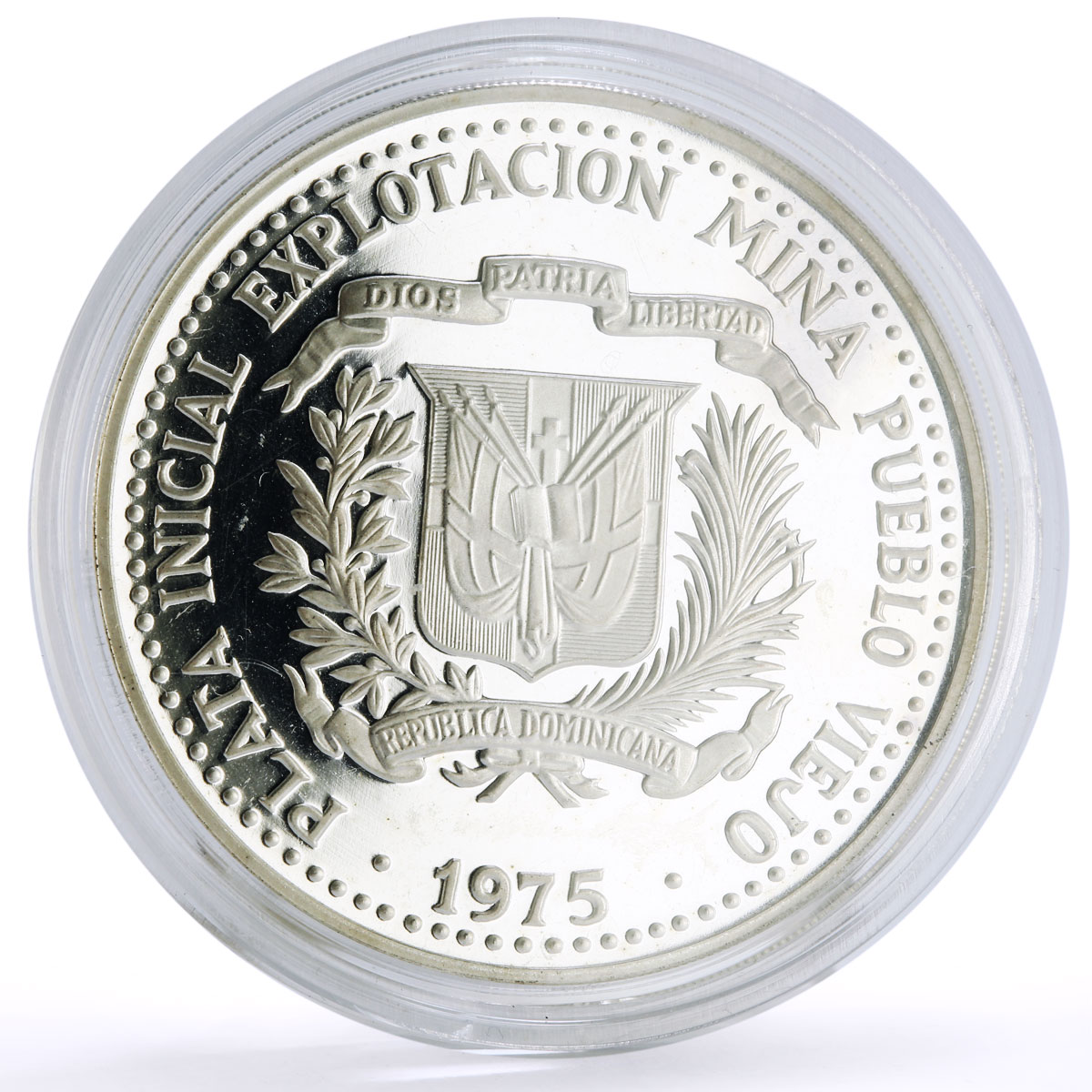 Dominican Rep. 10 pesos Pueblo Viejo Mine Arte Taino Art proof silver coin 1975