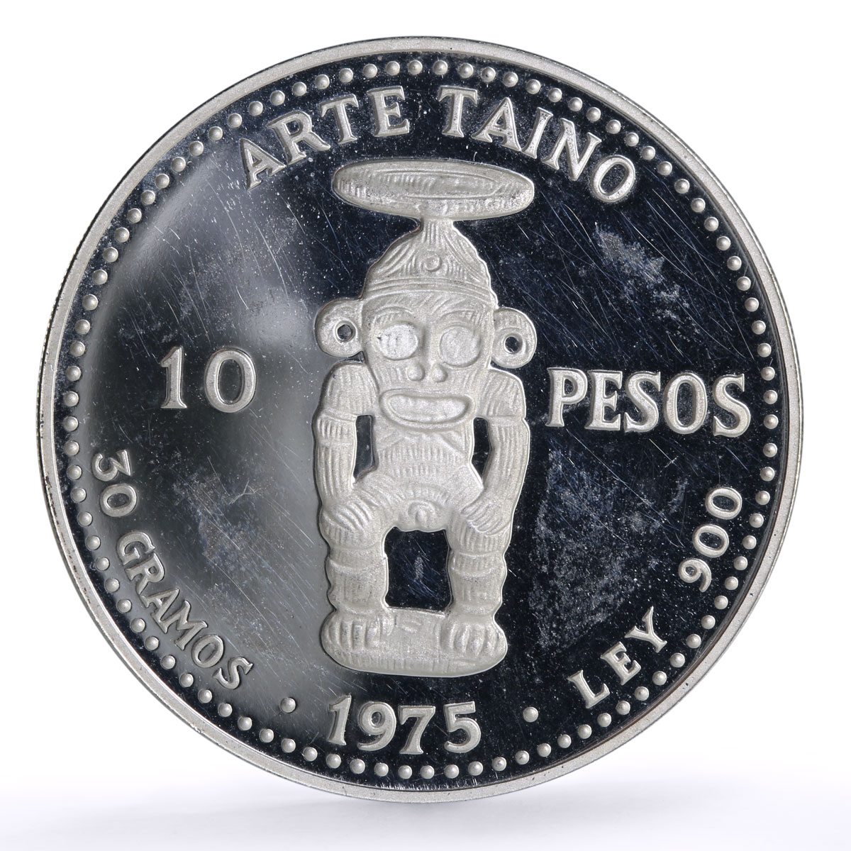 Dominican Rep. 10 pesos Pueblo Viejo Mine Arte Taino Art proof silver coin 1975