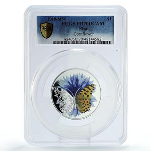 Niue 1 dollar Cornflower Butterfly Flora Fauna PR70 PCGS silver coin 2018