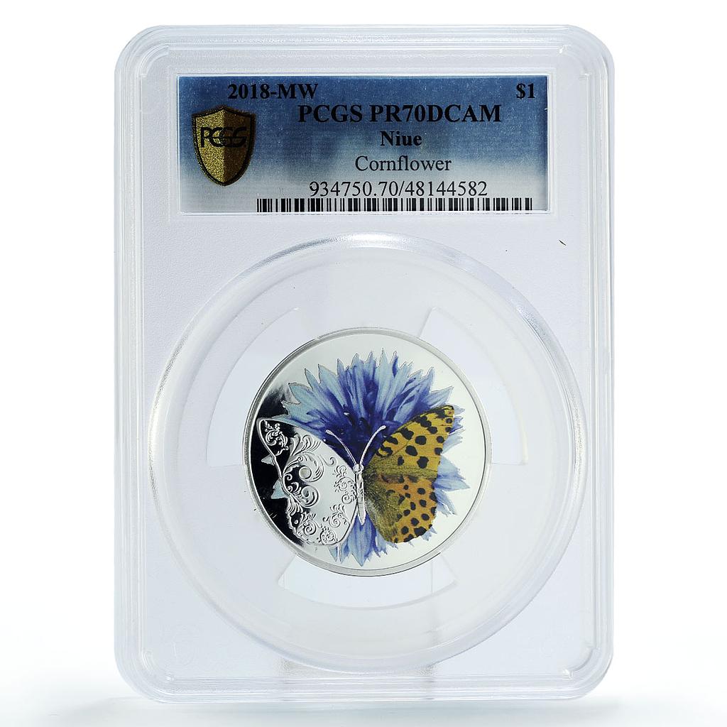 Niue 1 dollar Cornflower Butterfly Flora Fauna PR70 PCGS silver coin 2018