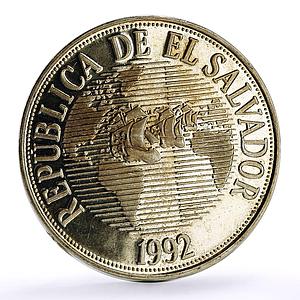 El Salvador 150 colones America Discovery Columbus Ships KM-160 silver coin 1992