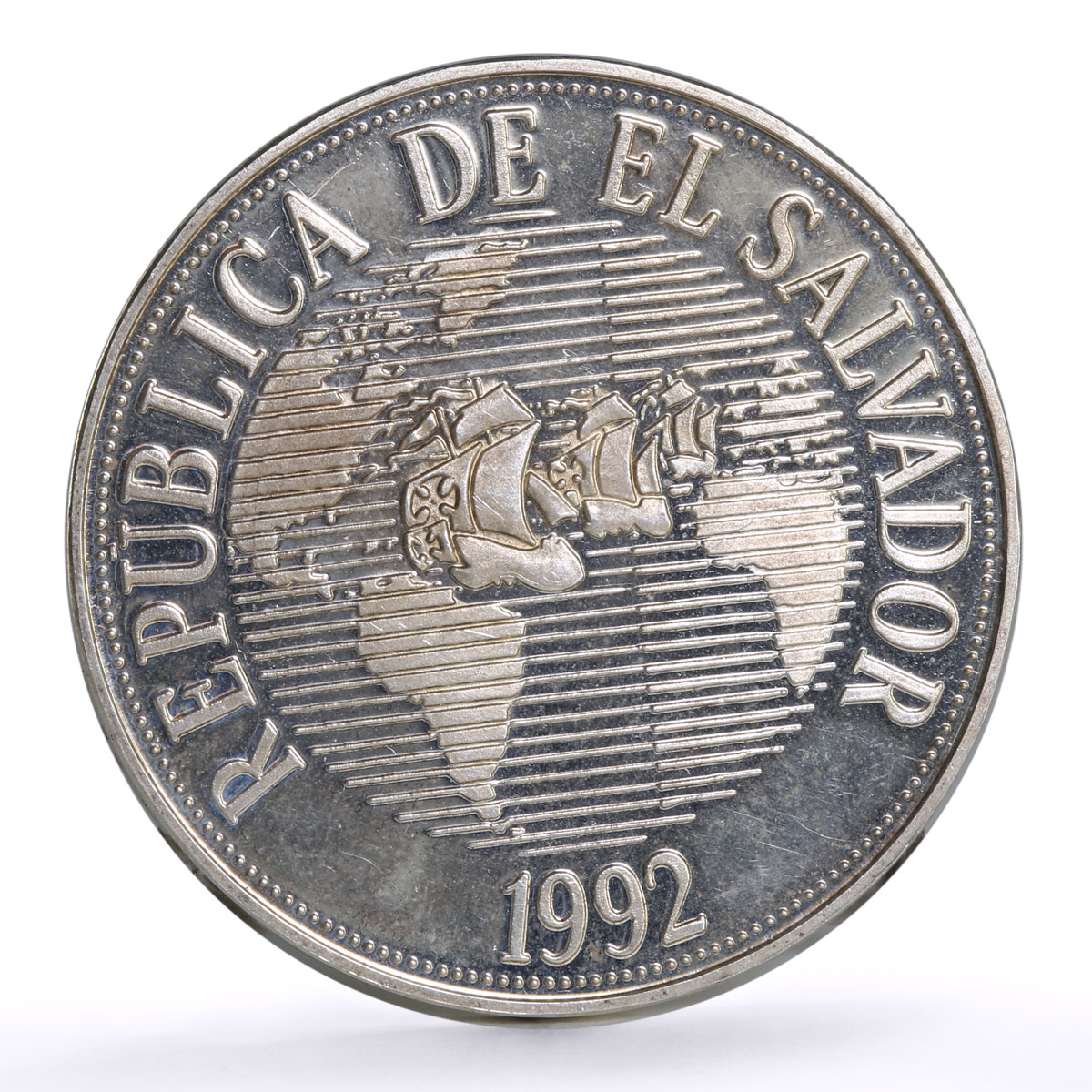 El Salvador 150 colones America Discovery Columbus Ships KM-160 silver coin 1992