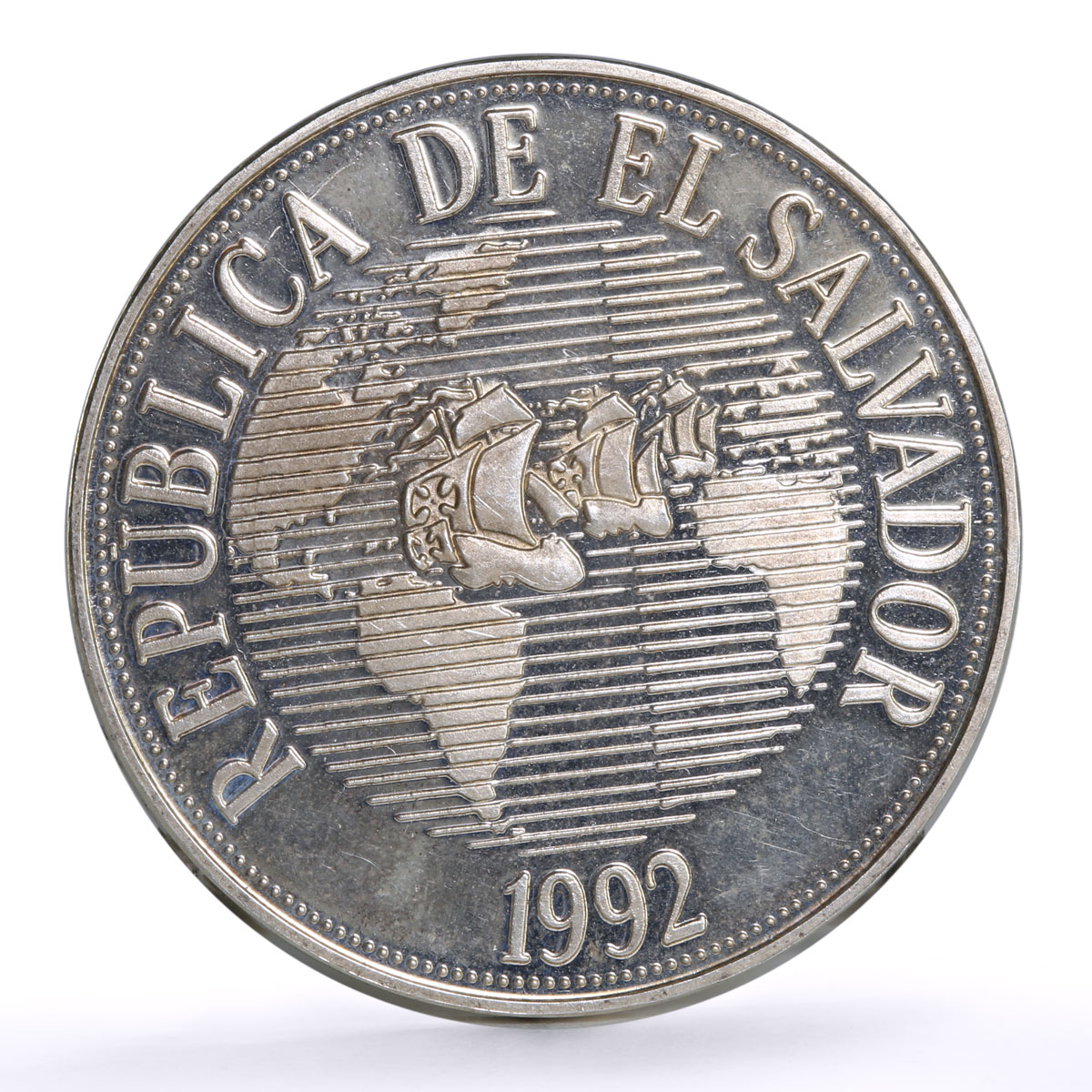 El Salvador 150 colones America Discovery Columbus Ships KM-160 silver coin 1992