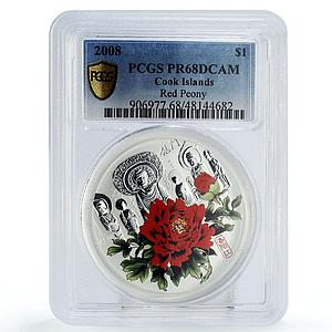 Cook Islands 1 dollar Magnificent Peony Red Flower PR68 PCGS silver coin 2008