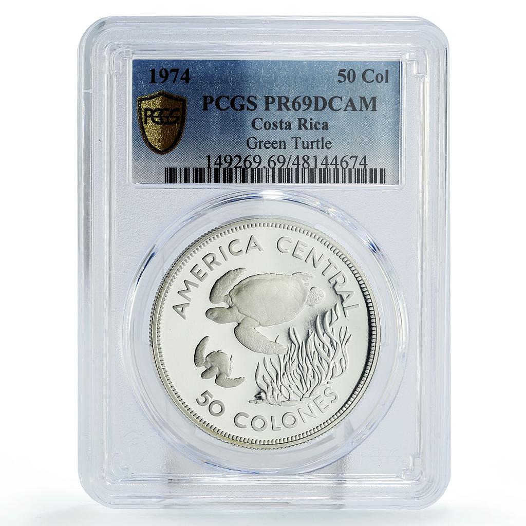 Costa Rica 50 colones Conservation Green Turtle Fauna PR69 PCGS silver coin 1974