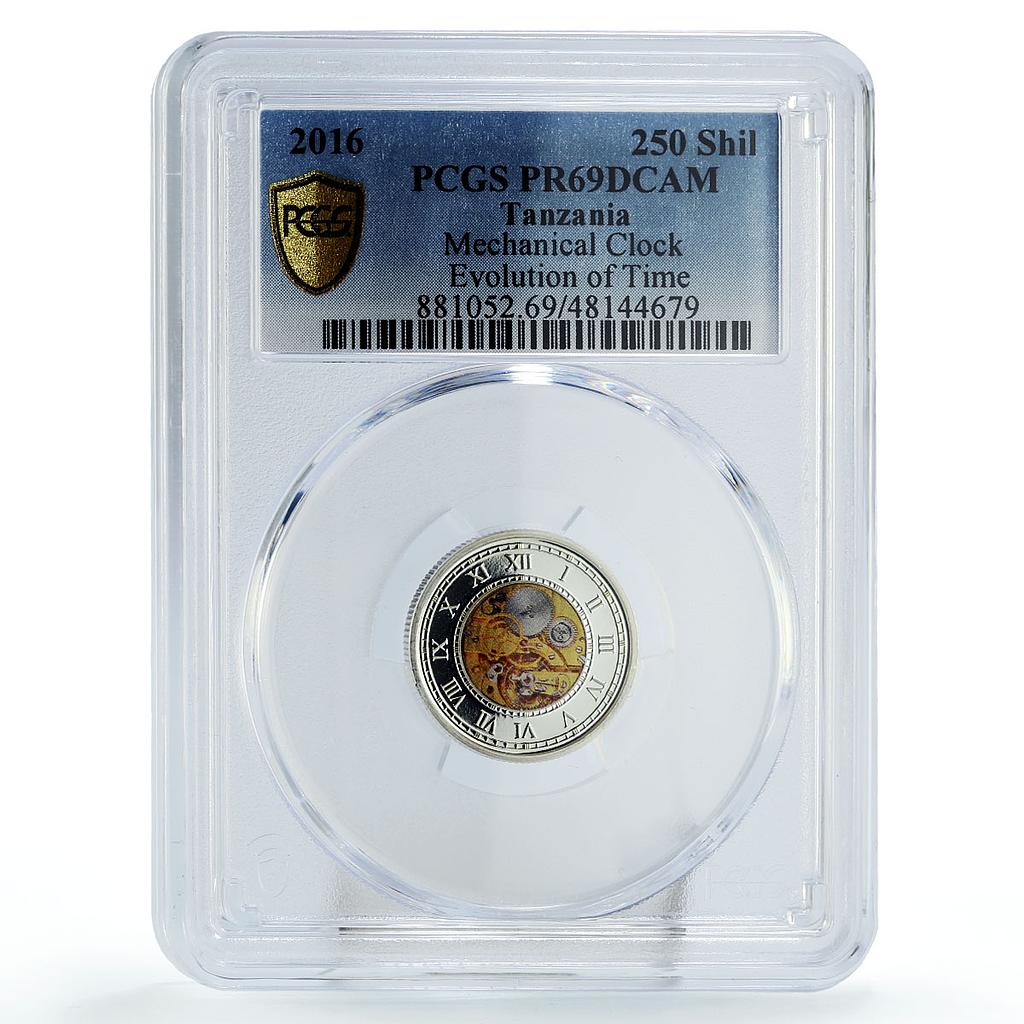 Tanzania 250 shillings Time History Mechanical Clock PR69 PCGS silver coin 2016