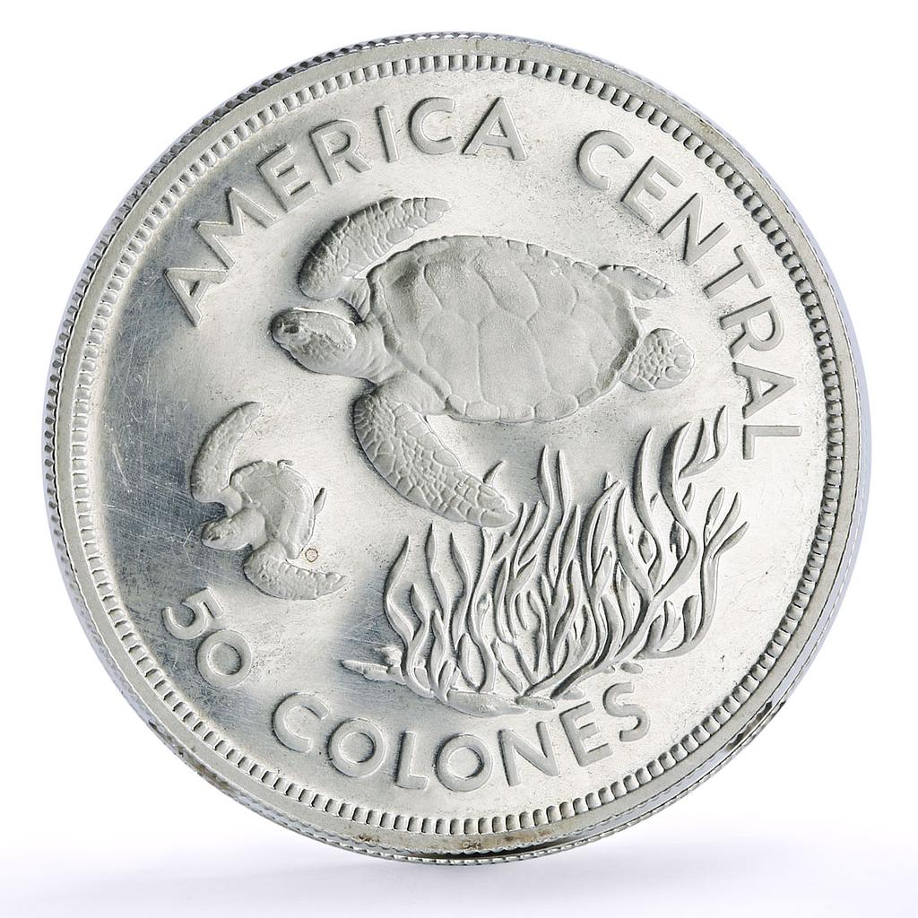 Costa Rica 50 colones Conservation Wildlife Turtle Fauna silver coin 1974