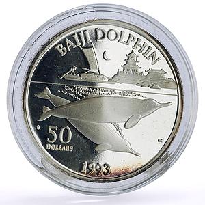 Marshall Islands 50 dollars Marine Life Baiji Dolphin Fauna silver coin 1993