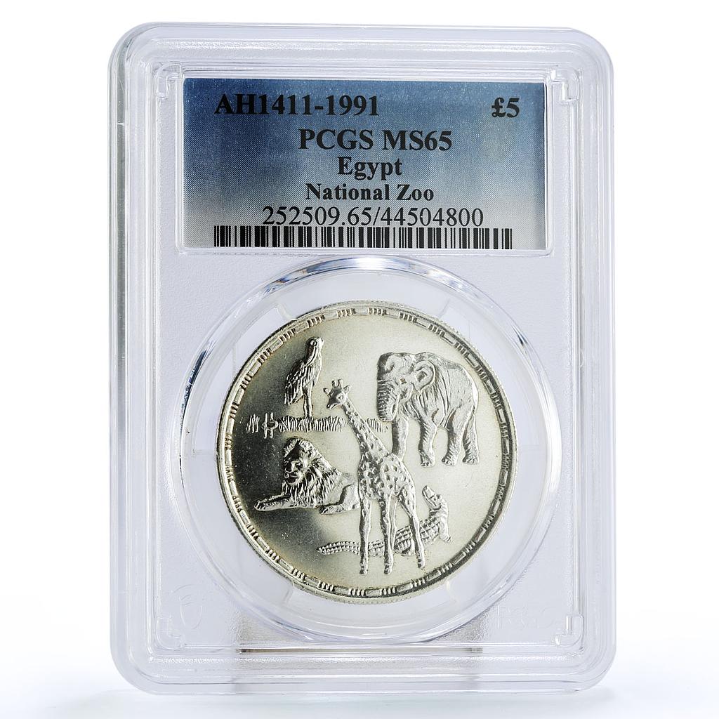 Egypt 5 pounds Giza Zoo Animals Lion Elephant MS65 PCGS silver coin 1991