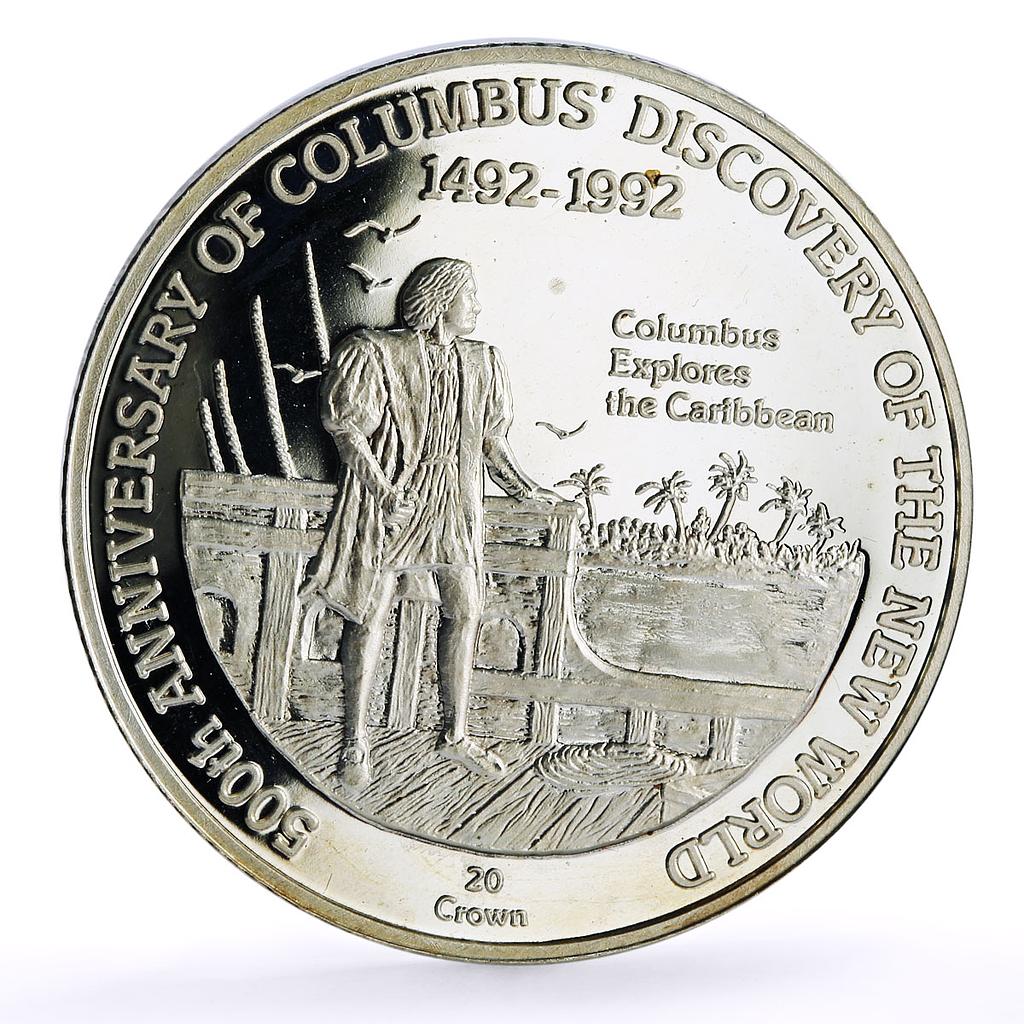 Turks and Caicos Islands 20 crowns Columbus Caribbean silver coin 1991