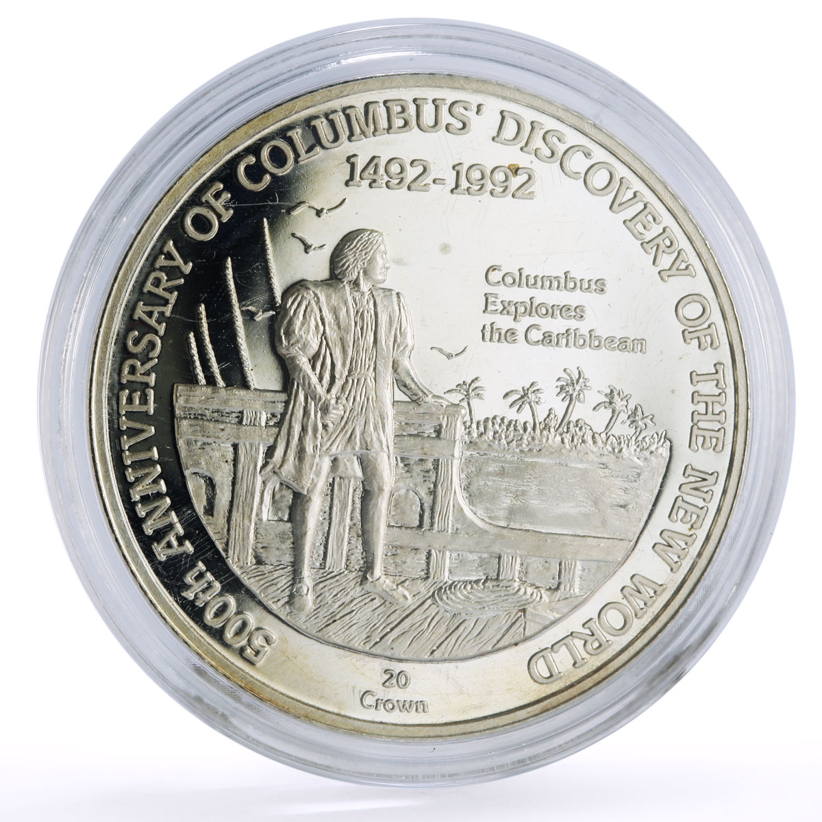 Turks and Caicos Islands 20 crowns Columbus Caribbean silver coin 1991