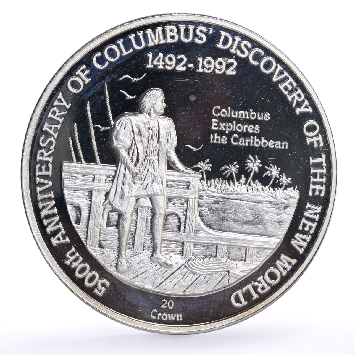 Turks and Caicos Islands 20 crowns Columbus Caribbean silver coin 1991