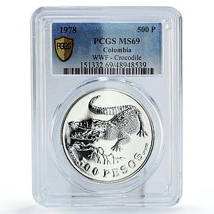 Colombia 500 pesos Conservation Crocodile Fauna MS69 PCGS silver coin 1978