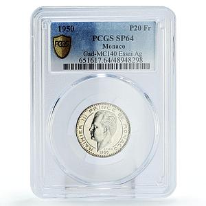 Monaco 20 francs King Rainier III ESSAI PATTERN TRIAL SP64 PCGS silver coin 1950