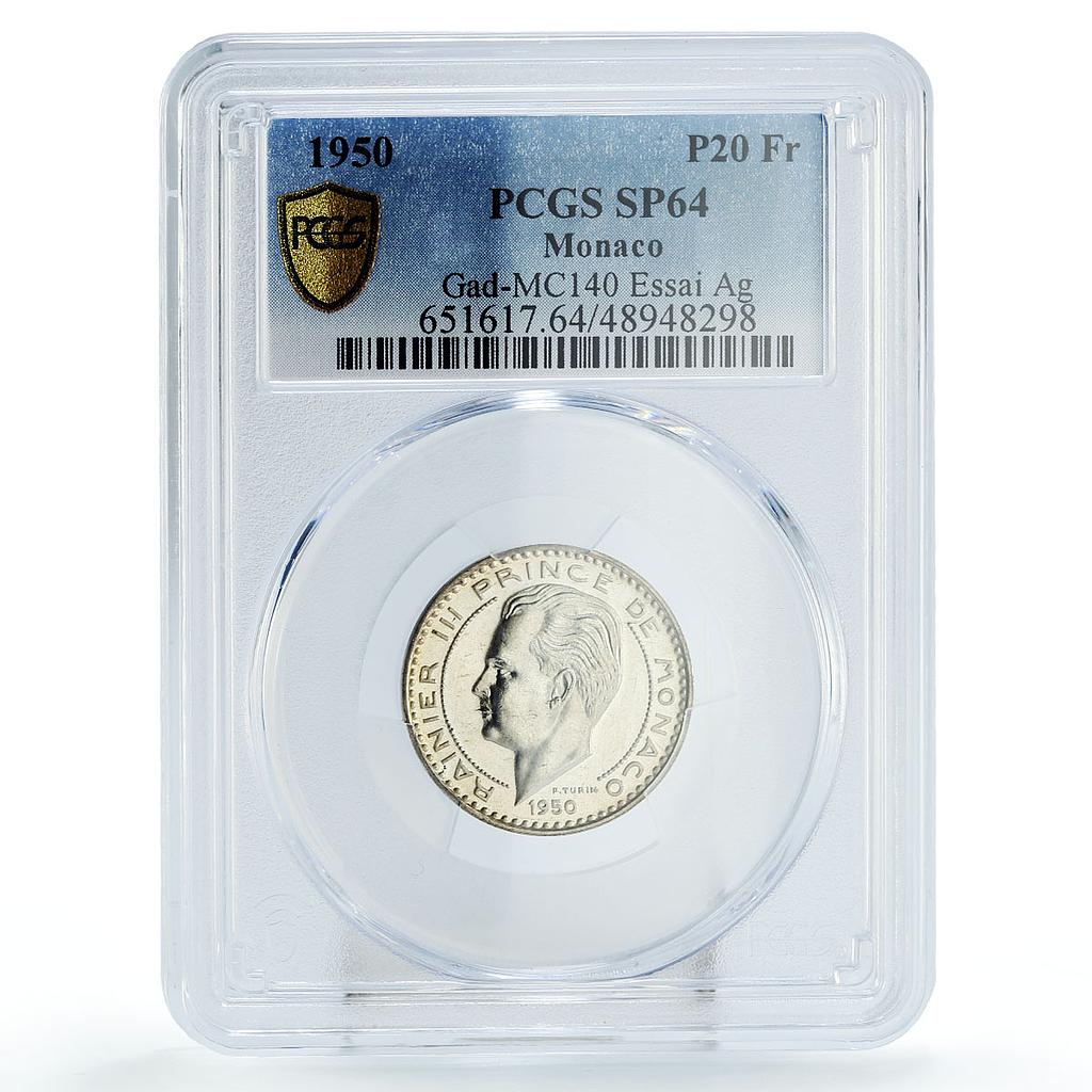 Monaco 20 francs King Rainier III ESSAI PATTERN TRIAL SP64 PCGS silver coin 1950