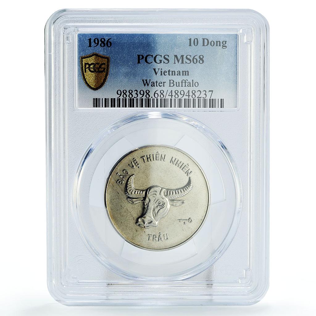 Vietnam 10 dong Conservation Wildlife Buffalo Bull Fauna MS68 PCGS Ni coin 1986