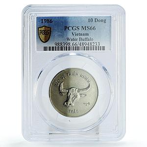 Vietnam 10 dong Conservation Wildlife Buffalo Bull Fauna MS66 PCGS Ni coin 1986