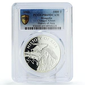 Mongolia 1000 togrog Asia History Chinggis Khan PR69 PCGS silver coin 2003