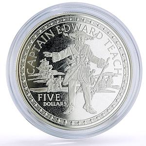 Bahamas 5 dollars Famous Pirates Capt. Edward Teach Ship proof silver coin 1993