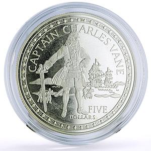 Bahamas 5 dollars Famous Pirates Capt. Charles Vane Ship proof silver coin 1993