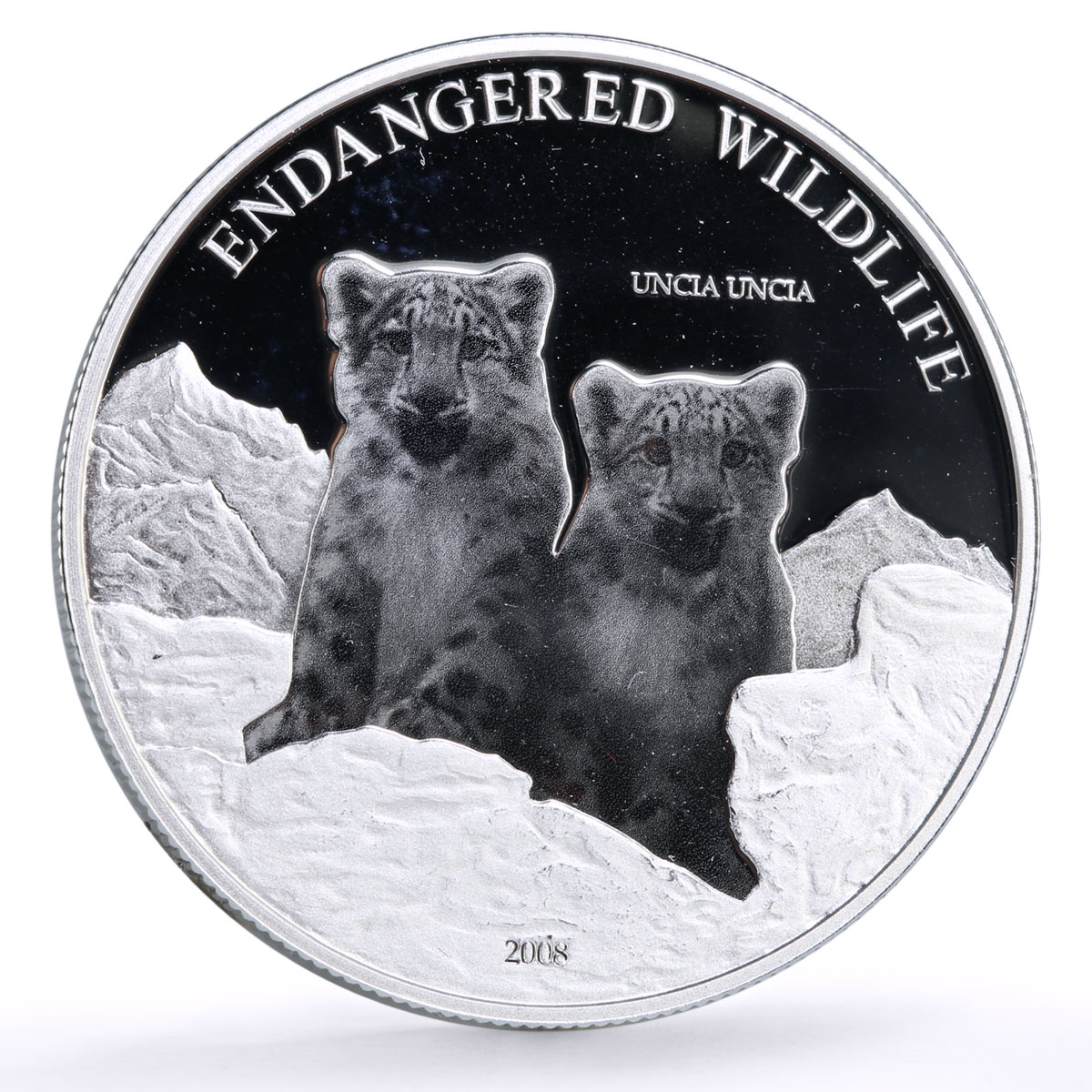 Mongolia 500 togrog Conservation Wildlife Leopards Fauna proof silver coin 2008