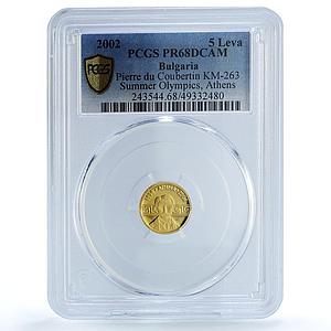 Bulgaria 5 leva Athens Olympic Games Pierre Coubertin PR68 PCGS gold coin 2002