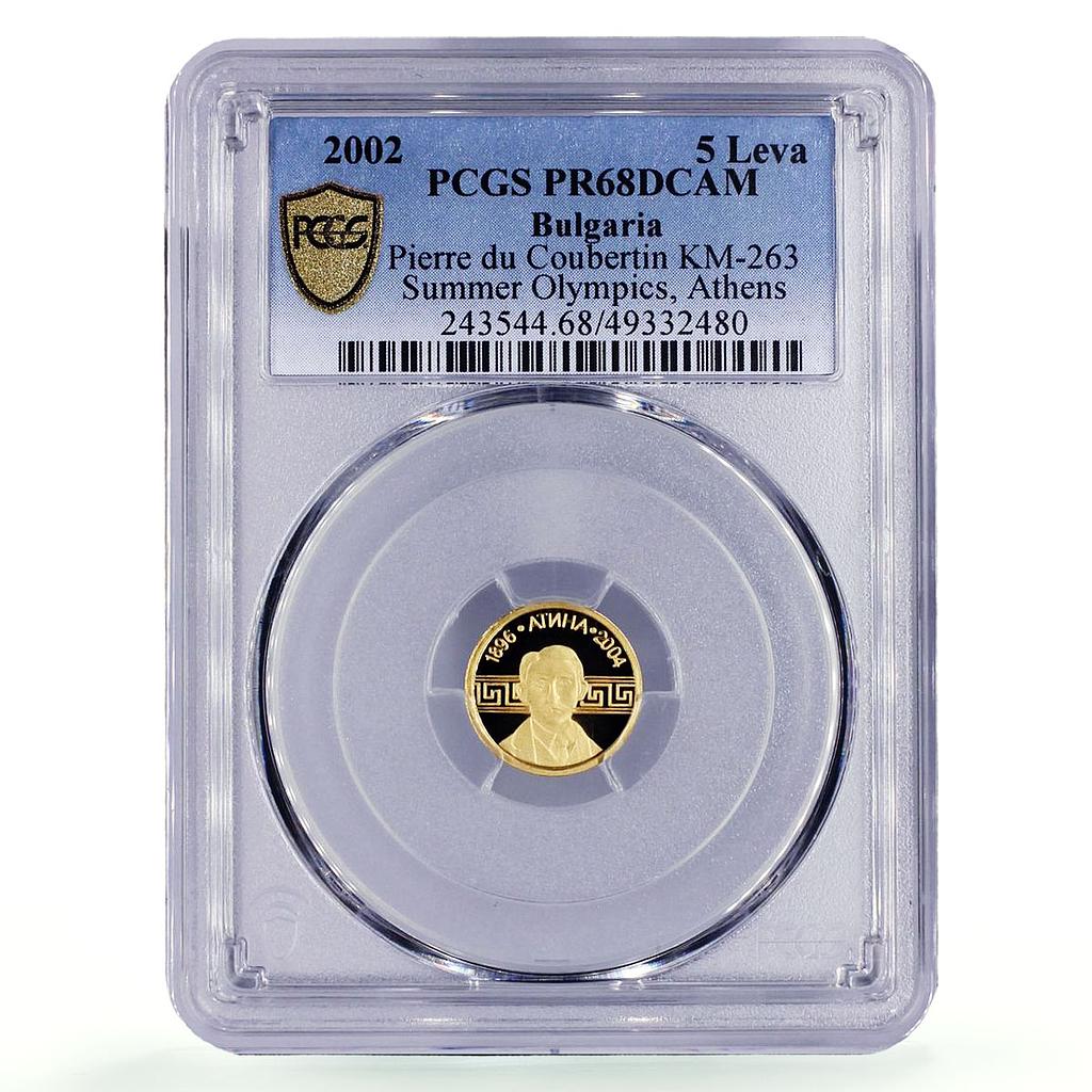 Bulgaria 5 leva Athens Olympic Games Pierre Coubertin PR68 PCGS gold coin 2002