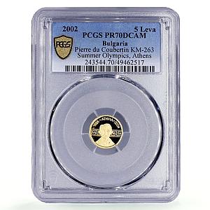Bulgaria 5 leva Athens Olympic Games Pierre Coubertin PR70 PCGS gold coin 2002