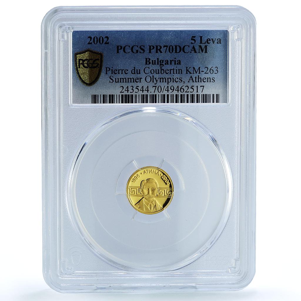 Bulgaria 5 leva Athens Olympic Games Pierre Coubertin PR70 PCGS gold coin 2002 Bulgaria 5 leva Athens Olympic Games Pierre Coubertin PR70 PCGS gold coin 2002