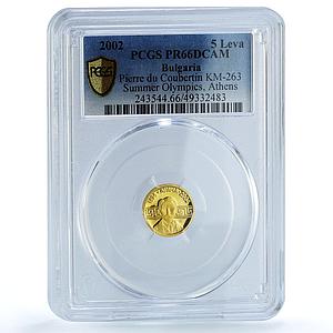 Bulgaria 5 leva Athens Olympic Games Pierre Coubertin PR66 PCGS gold coin 2002