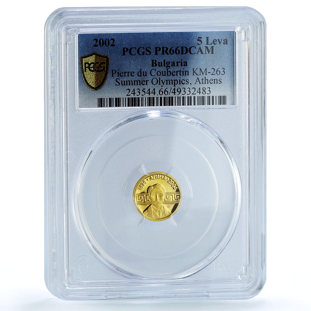 Bulgaria 5 leva Athens Olympic Games Pierre Coubertin PR66 PCGS gold coin 2002 Bulgaria 5 leva Athens Olympic Games Pierre Coubertin PR66 PCGS gold coin 2002