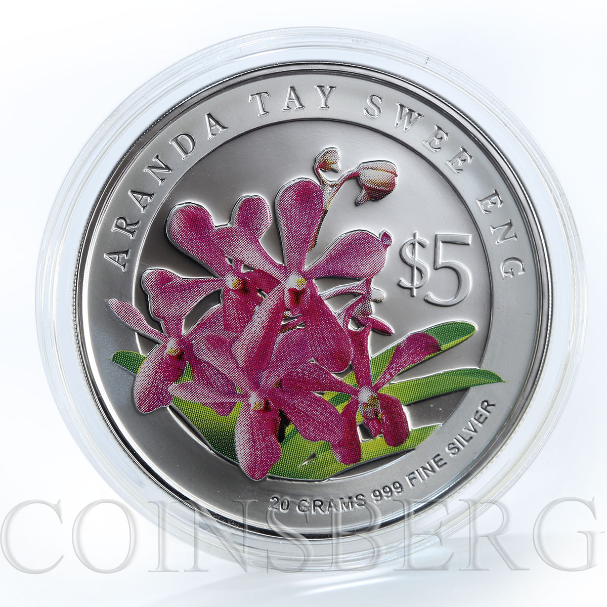 Singapore set of 2 coins 5 dollars Orchids flora silver coloured coin 2008