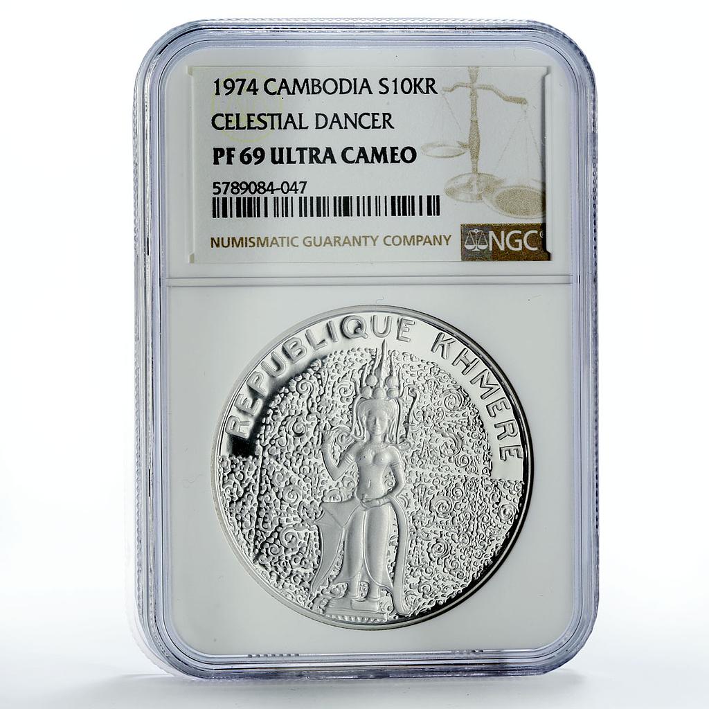 Cambodia 10000 riels Khmer Republic Celestial Dancer PF69 NGC silver coin 1974 Cambodia 10000 riels Khmer Republic Celestial Dancer PF69 NGC silver coin 1974