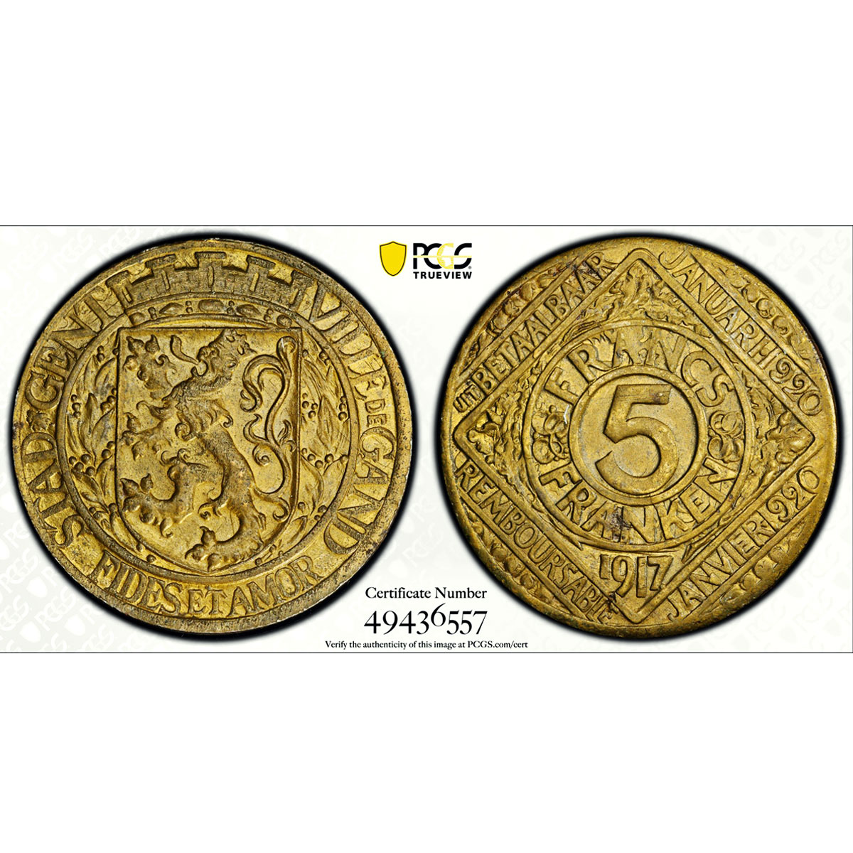 Belgium Ghent 5 franken German Occupation Coinage KM-Tn6 MS63 PCGS coin 1917