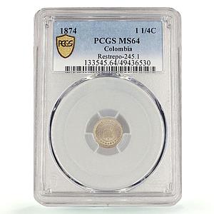 Colombia 1 1/4 centavo Libertad Liberty Cap Hat KM-173 MS64 PCGS CuNi coin 1874