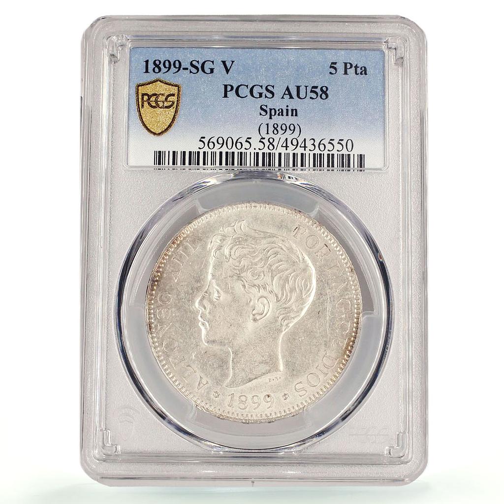 Spain 5 pesetas Regular Coinage Child Alfonso KM-707 AU58 PCGS silver coin 1899