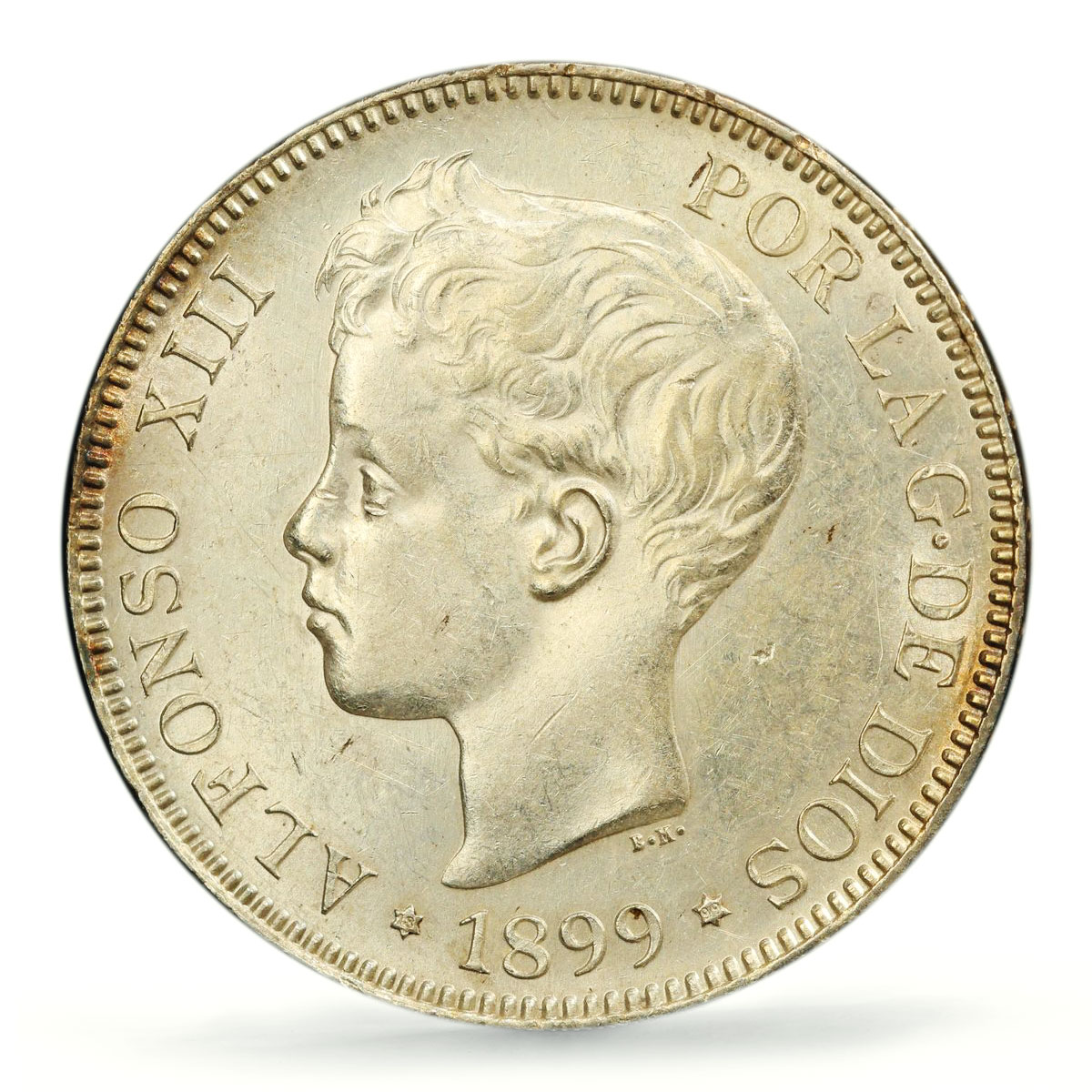 Spain 5 pesetas Regular Coinage Child Alfonso KM-707 AU58 PCGS silver coin 1899