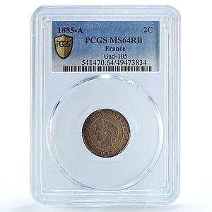 France 2 centimes Republic Coinage Laureate Head KM-827 MS64 PCGS coin 1885