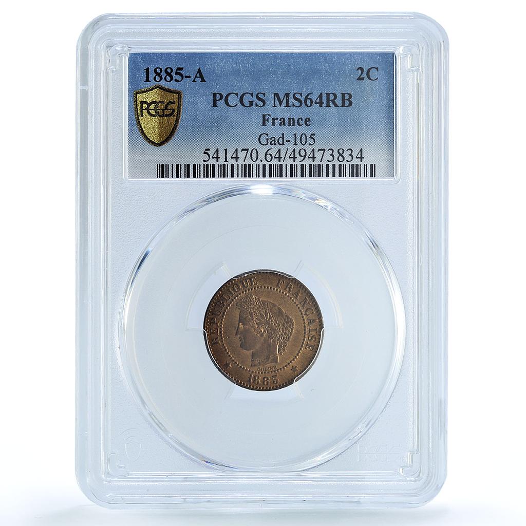 France 2 centimes Republic Coinage Laureate Head KM-827 MS64 PCGS coin 1885 France 2 centimes Republic Coinage Laureate Head KM-827 MS64 PCGS coin 1885