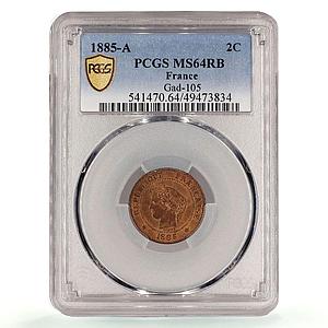 France 2 centimes Republic Coinage Laureate Head KM-827 MS64 PCGS coin 1885