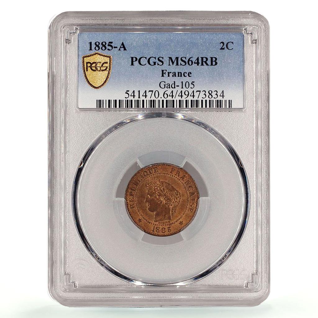 France 2 centimes Republic Coinage Laureate Head KM-827 MS64 PCGS coin 1885