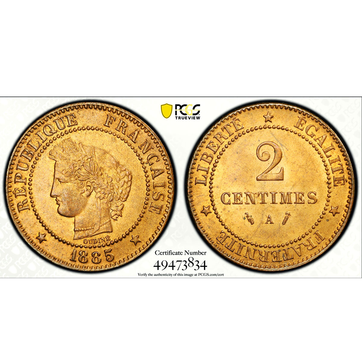 France 2 centimes Republic Coinage Laureate Head KM-827 MS64 PCGS coin 1885