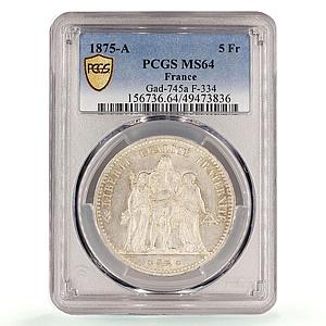 France 5 francs Liberty Equality Fraternity Hercules MS64 PCGS silver coin 1875