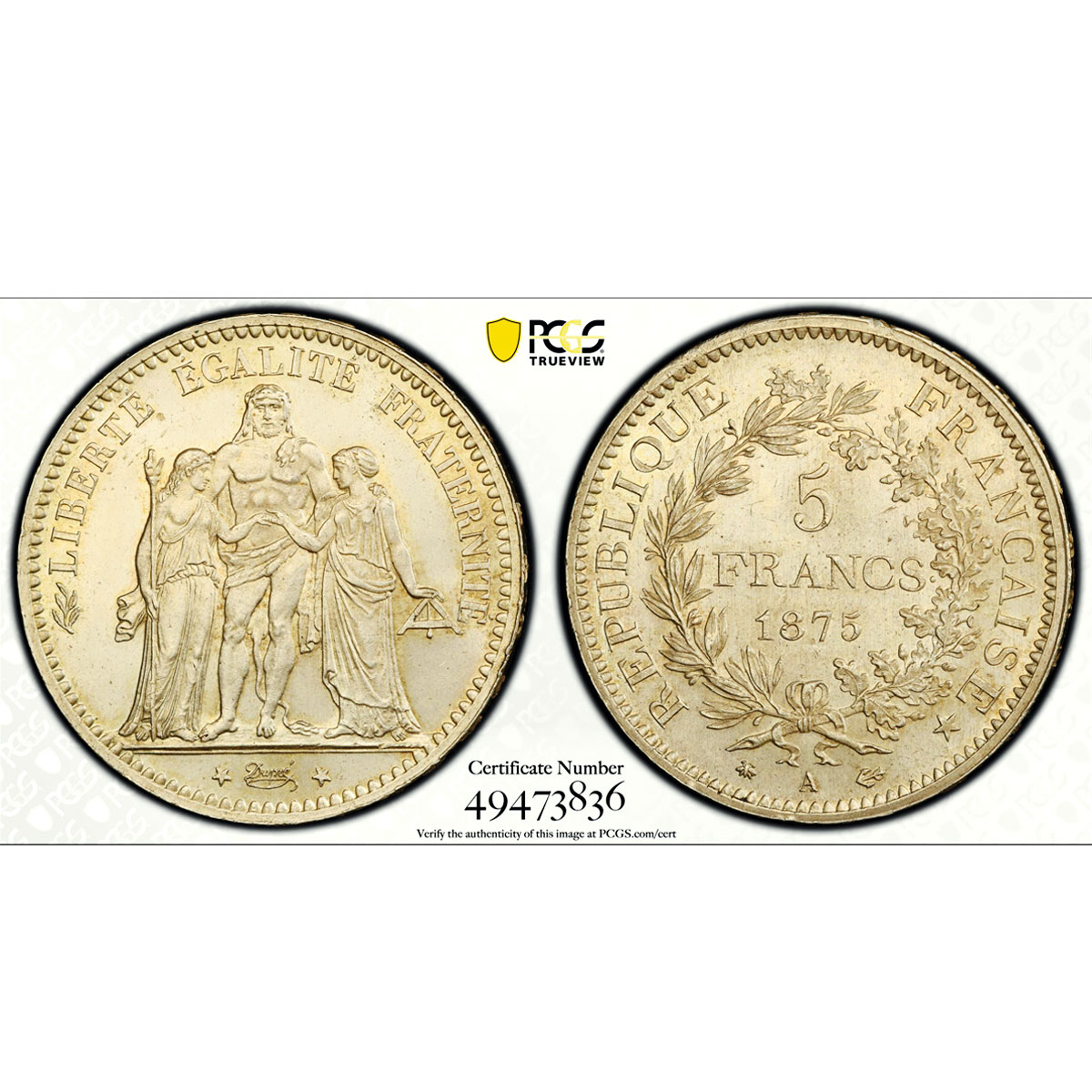 France 5 francs Liberty Equality Fraternity Hercules MS64 PCGS silver coin 1875